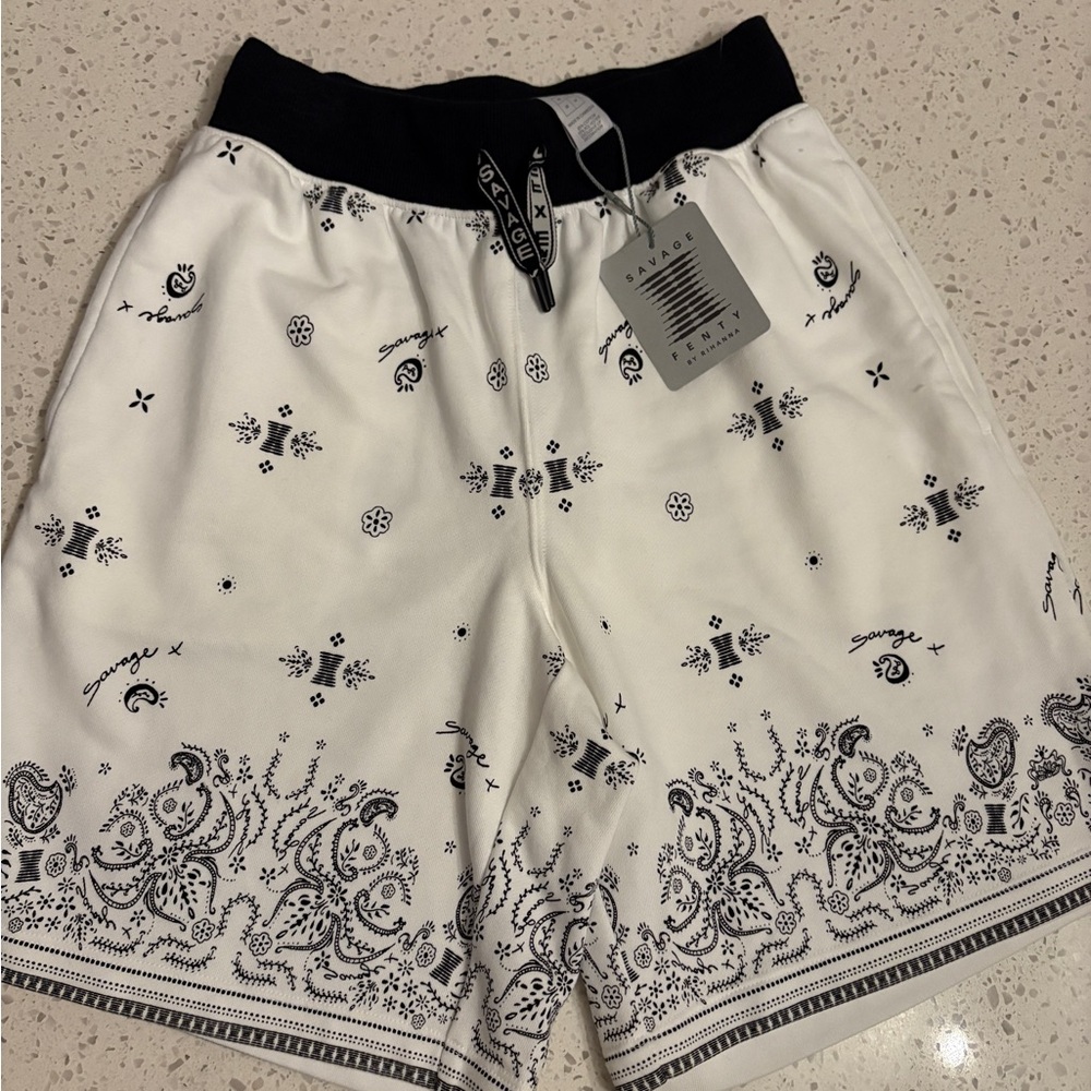 Savage X Fenty Black and White Patterned Board Shorts